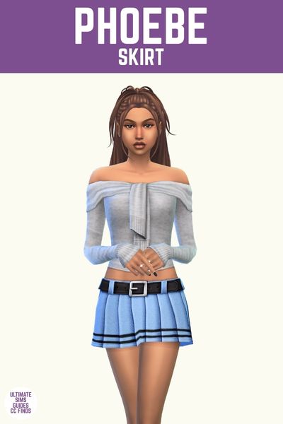 This image has a purple bar at the top with white text that says "Phoebe Skirt" and below is a sim wearing a grey long sleeve off the shoulder shirt and a blue pleated mini skirt 