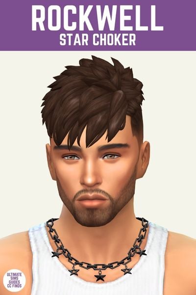 This image has a purple bar at the top and white text that reads "Rockwell Star Choker" and below is a male sim wearing a white tank top and a black chain necklace with stars 