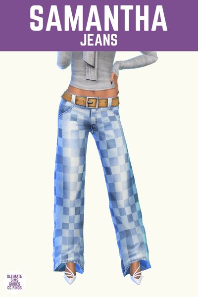 This image has a purple bar at the top with white text that says "Samantha Jeans" and below is a sim from the waist down wearing a pair of checkered denim jeans 