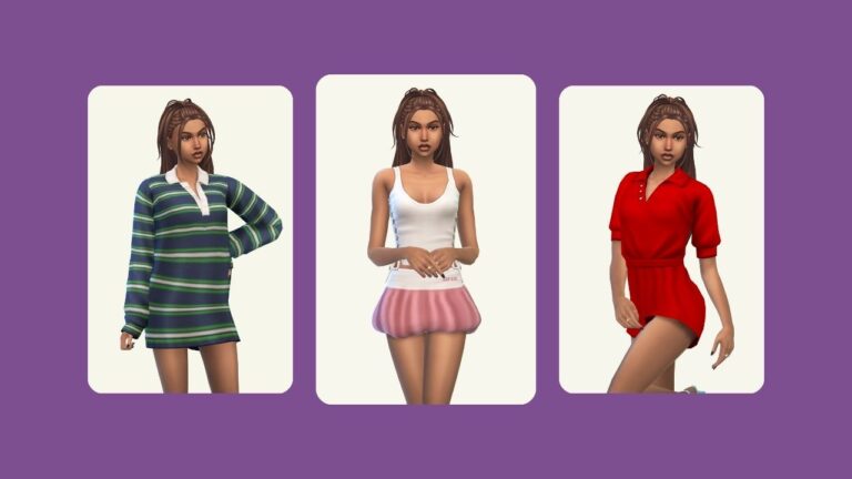 This image has a purple background with three rounded-edge rectangles and inside of those rectangles is the same sim posed. The first they are wearing a polo dress, second is tank top and puff skirt and final is a red jumpsuit