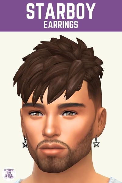 This image has a purple bar at the top and white text that reads "Starboy Earrings" and below is a close up of a male sim with brown hair wearing dangly star earrings. 