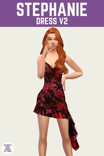 This is a product image for cc from the eden collection by sentate. The image has a purple bar at the top with white text that says "Stephanie Dress V2" and below is a sim with red hair posed. The sim is wearing a cowl neck mini-dress with an uneven hem in black with red flowers