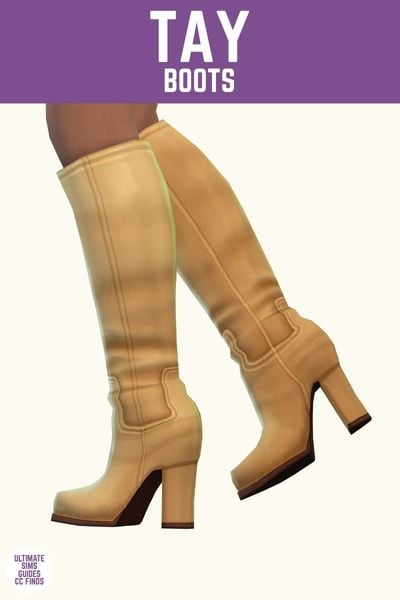 This image has a purple bar at the top with white text that says "Tay Boots" and below is a close up of a sim's legs wearing yellow boots with a heel 
