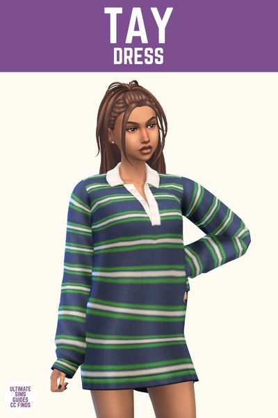 This image has a purple bar at the top with white text that says "Tay Dress" and below is a sim wearing a blue, green and white polo striped dress. 