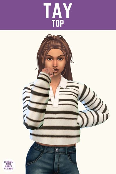 This image has a purple bar at the top with white text that says "Tay Top" and below is a sim wearing a white with black stripe long sleeve polo shirt 