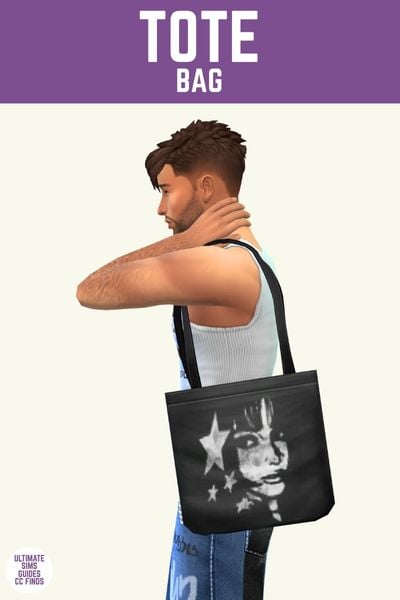 This image has a purple bar at the top and white text that reads "Tote Bag" and below is a side view of a male sim wearing a black tote bag with a woman's face on it. 