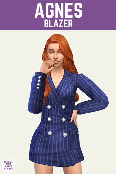 This is a product image for a cc item from The Élan Collection by Serenity. At the top is a purple bar with white text that says "Agnes Blazer" below is a red headed sim posed. They are wearing a navy blue pin stripe blazer as a dress. 