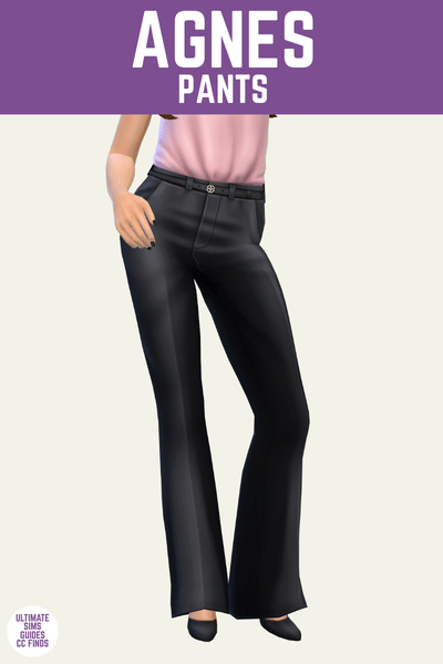 This is a product image for a cc item from The Élan Collection by Serenity. At the top is a purple bar with white text that says "Agnes Pants" and below is a sim posed from the waist down. The sim is wearing a baby pink shirt tucked into black leather pants and black heels 