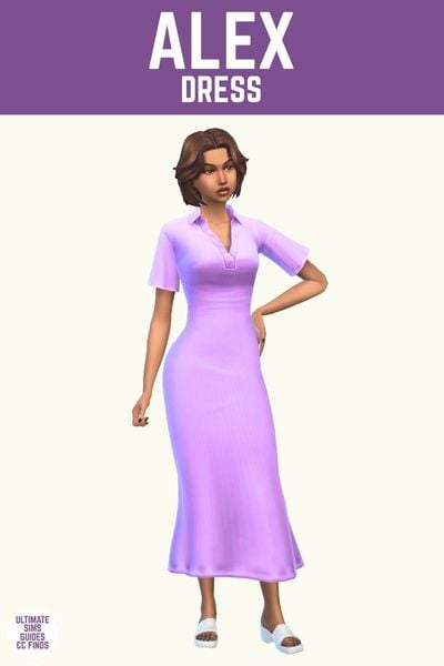 This image has a purple bar at the top with white text that reads "Alex Dress" and below is a sim wearing a bright purple polo shirt dress with t-shirt length sleeves 