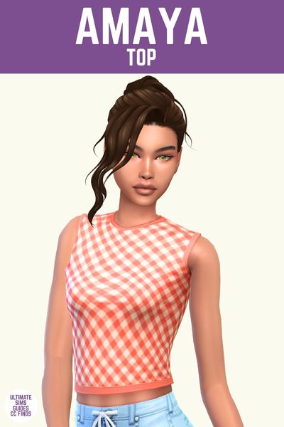 This image has a purple bar at the top with white text that says "Amaya Top" and below is a sim from the waist up. They are wearing a sleeveless top with an orange gingham pattern 