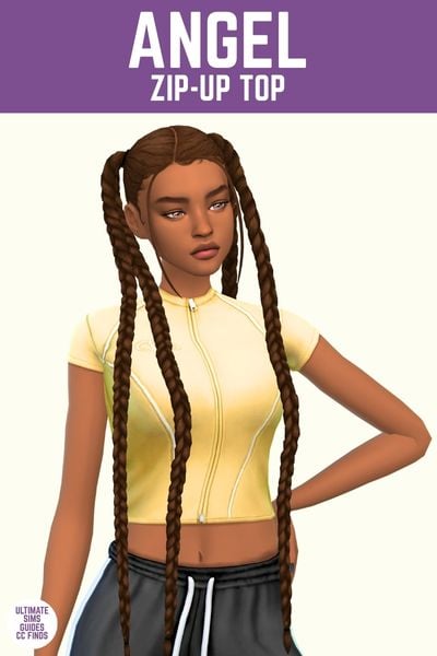 This image has a purple bar at the top with white text that says "Angel Zip Up" and below is a sim with pigtails that are split into two braids each, they are wearing a yellow t-shirt zip up 
