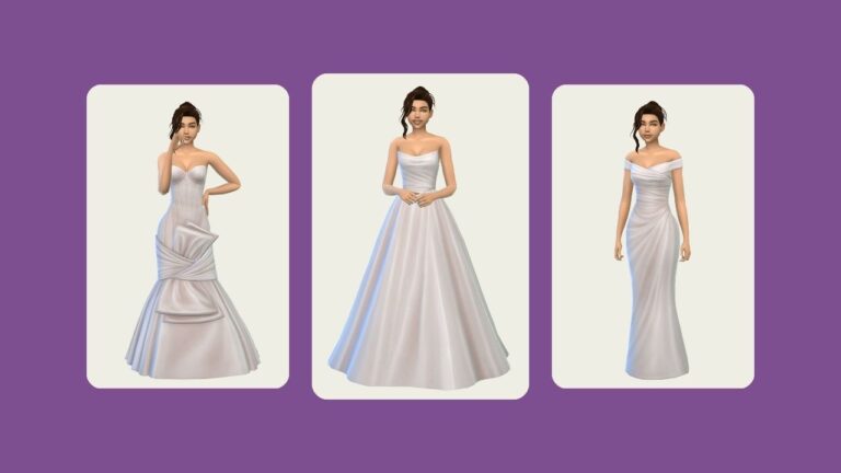 This image has a purple background with three rounded-edge rectangles. Inside of the rectangles there are sims posed in wedding dresses.