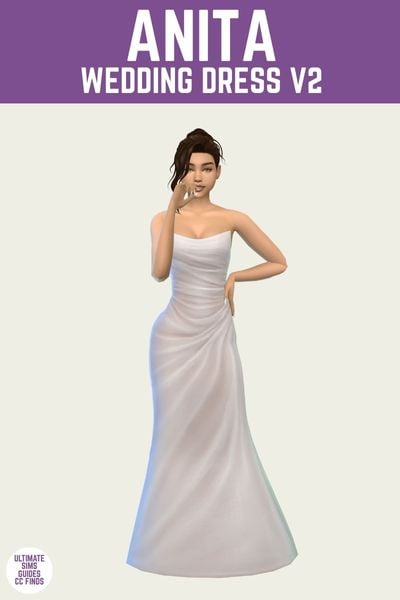 This is a product image for a wedding dress from the Anita Rose Collection by Sentate. At the top is a purple bar with white text that says "Anita Dress V2" and below is a woman with brown hair wearing a strapless wedding dress 