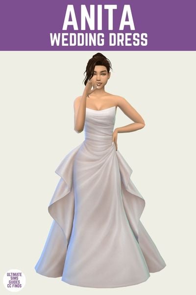 This is a product image for a wedding dress from the Anita Rose Collection by Sentate. At the top is a purple bar with white text that says "Anita Weddding Dress" and below is a sim with brown hair posed wearing a strapless white wedding dress with an overskirt.