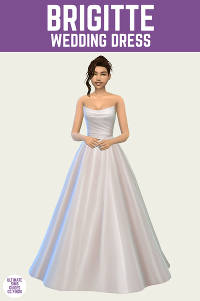 This is a product image for a wedding dress from the Anita Rose Collection by Sentate. At the top is a purple bar with white text that says "Brigitte Wedding Dress" and below is a sim wearing a ball gown wedding dress that's strapless. 