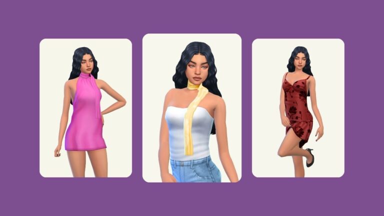 This image has a purple background with three rounded-edge rectangles. Inside of those rectangles is the same sim three times. They are posed in different dresses!