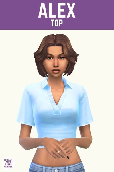 This image has a purple bar at the top with white text that reads "Alex Top" and below is a sim wearing a light blue polo shirt 