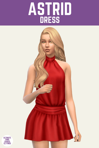 This is a product image for a cc item from The Élan Collection by Serenity. At the top is a purple bar with white text that says "Astrid Dress" and below is a blonde sim wearing a halter neck red mini dress. 