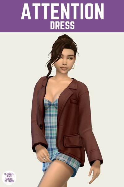 This is a product image for custom content from the IT Girl Collection. This image has a purple bar at the top with white text that says "Attention Dress" and below is a sim posed. They are wearing a strapless blue plaid dress with a brown leather jacket.
