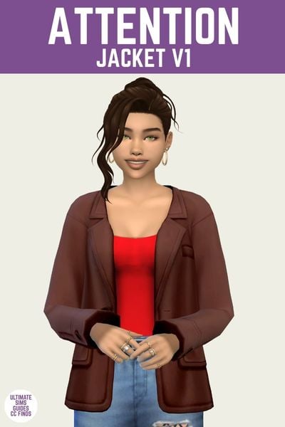 This is a product image for custom content from the IT Girl Collection. This image has a purple bar at the top with white text that says "Attention Jacket V1" and below is a sim. They are wearing blue jeans, a brown leather jacket and a red tank top