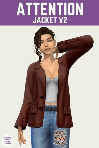 This is a product image for custom content from the IT Girl Collection. This image has a purple bar at the top with white text that says "Attention Jacket V2" and below is a posed sim. The sim is wearing blue jeans with a rip on one leg, a white tank top and a brown leather jacket