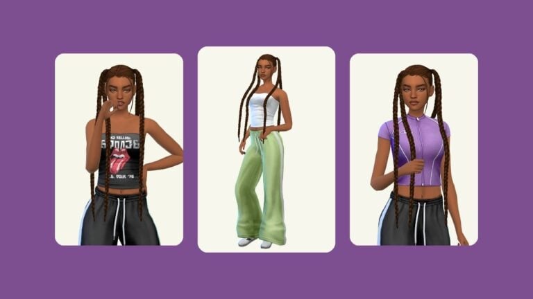 This image has a purple background with three rounded edge rectangles. Inside of those rectangles is a sim with long braided hair posing in various streetwear style clothes.