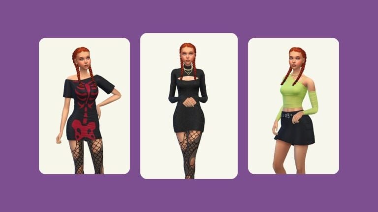 This image has a purple background with three rounded edge rectangles. Inside of the rectangles is a sim with red hair in two braids. They are wearing a dress in black.