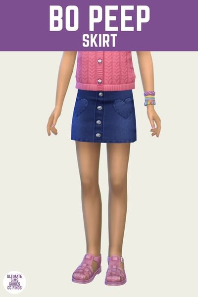 This is a product image for an item from The Playground Set by Joliebean. This image has a purple bar at the top with white text that says "Bo Peep Skirt" and below is a child posed from the chest down. They are wearing a pair of pink gel sandals and a denim skirt with hearts on the hips. 