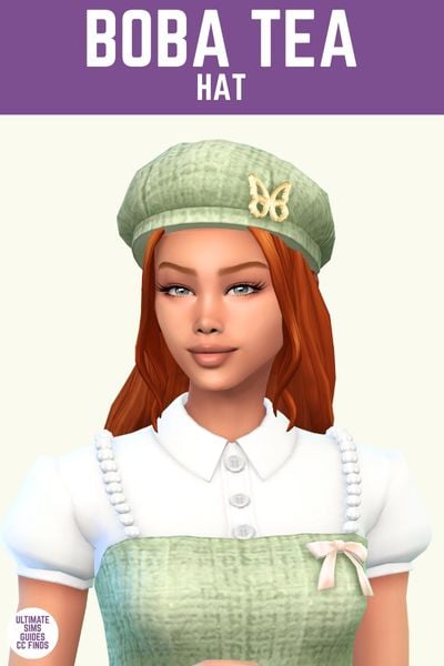 This image has a purple bar at the top with white text that says "Boba Tea Hat" and below that is a picture of a sim wtih red hair wearing a green beret with a butterfly on it 