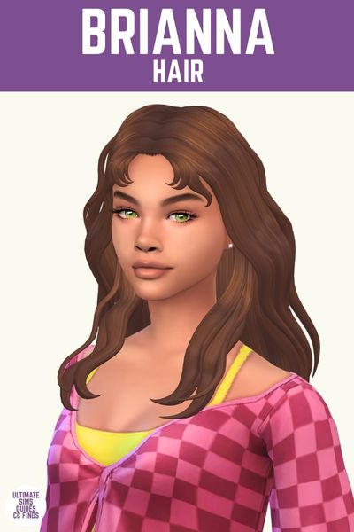 This is a product image for pieces from the supernova set. This image has a purple bar at the top with white text that says "Brianna Hair" and below is a sim from the chest up. The sim has middle parted wavy hair with cute bangs.