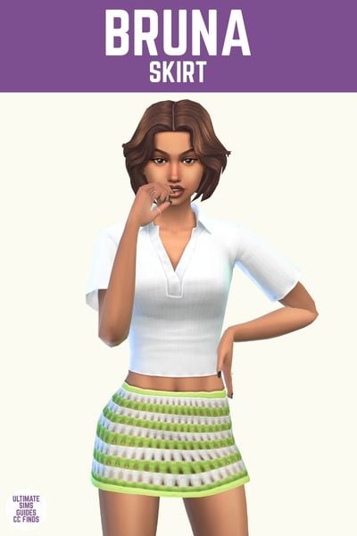 This image has a purple bar at the top with white text that reads "Bruna Skirt" and below is a sim wearing a white polo shirt with a green and white striped crochet skirt 