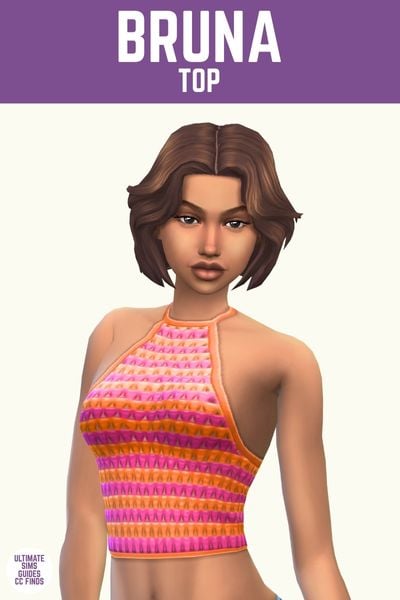 This image has a purple bar at the top with white text that reads "Bruna Top" and below is a sim wearing a high-neck halter top with a crochet texture 