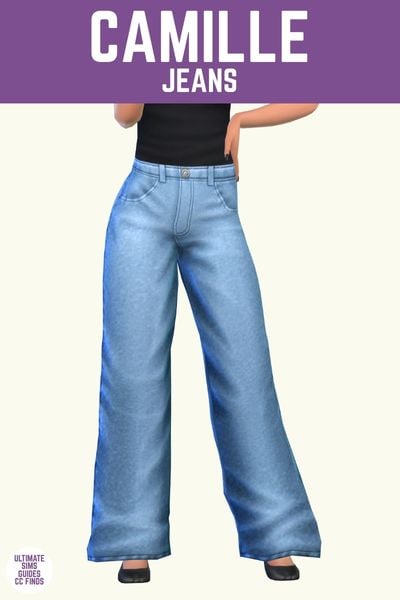 This image has a purple bar at the top with white text that says "Camille Jeans" and below is a sim from the waist down wearing a black top and denim jeans with a wide leg