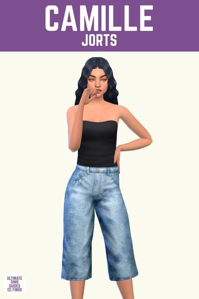 This image has a purple bar at the top with white text that says "Camille Jorts" and below is a sim with wavy black hair, a black tube top and a pair of denim jorts