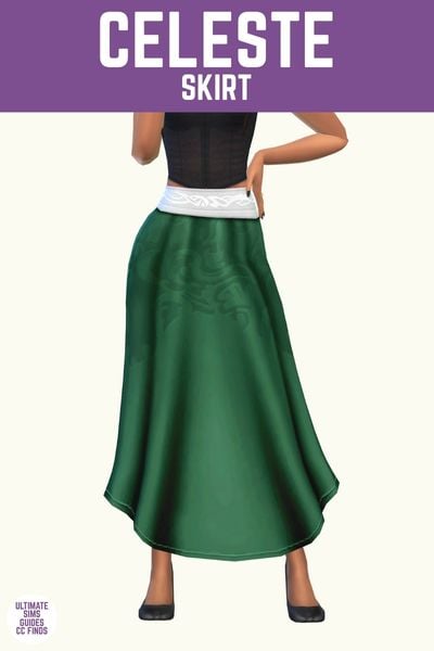 This image has a purple bar at the top with white text that says "Celeste Skirt" and under that is a sim from the waist down wearing a black shirt and a green midi skirt