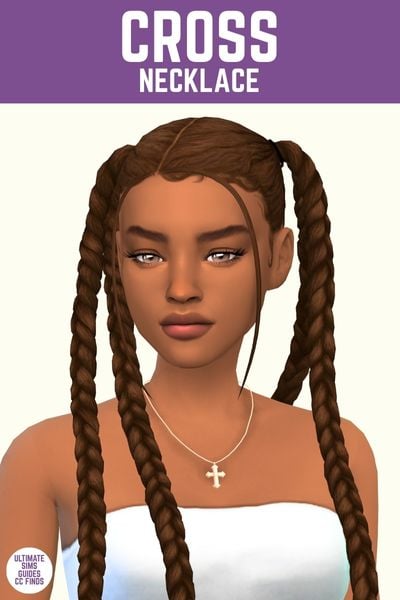 This image has a purple bar at the top with white text that says "Cross Necklace" and below is a sim with braided pigtails wearing a white tube top and a cross necklace in gold 