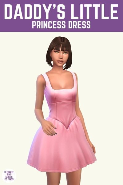 This image has a purple bar at the top with white text that says "Daddy's Little Princess Dress" and below is a sim wearing a pink square neck dress. 