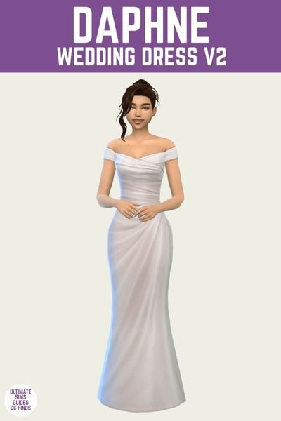 This is a product image for a wedding dress from the Anita Rose Collection by Sentate. At the top is a purple bar with white text that says "Daphne Wedding Dress V2" and below is a sim with brown hair posed wearing a wedding dress with an off-the-shoulder look 