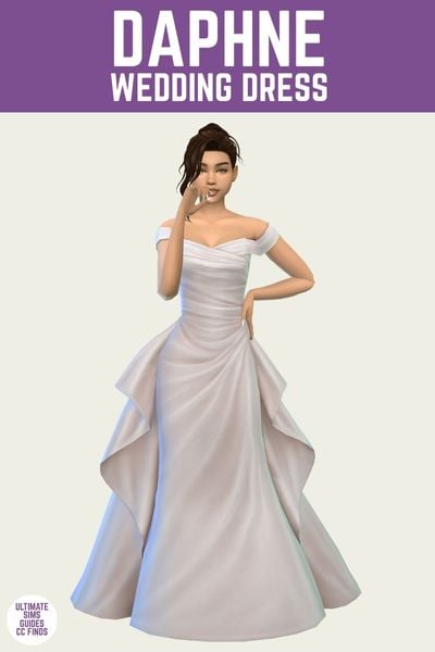 This is a product image for a wedding dress from the Anita Rose Collection by Sentate. At the top is a purple bar with white text that says "Daphne Wedding Dress" and below is a sim wearing an off the shoulder wedding dress with ruching toward one side. There is an over-skirt with ruffles. 