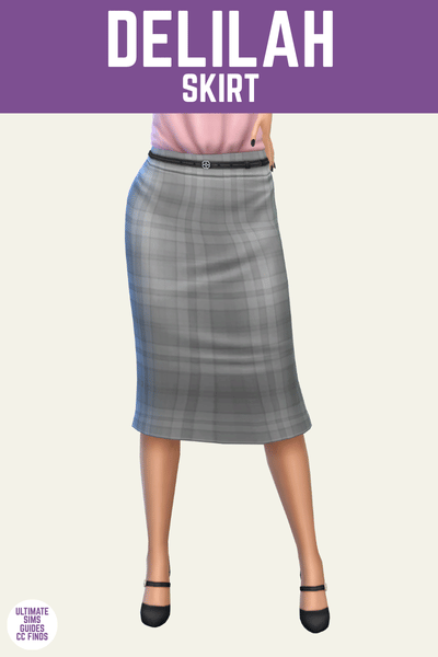This is a product image for a cc item from The Élan Collection by Serenity. At the top is a purple bar with white text that says "Deliliah SKirt" and below is a sim from the waist down. The sim is wearing a pink shirt tucked into a grey plaid pencil skirt and high heels 