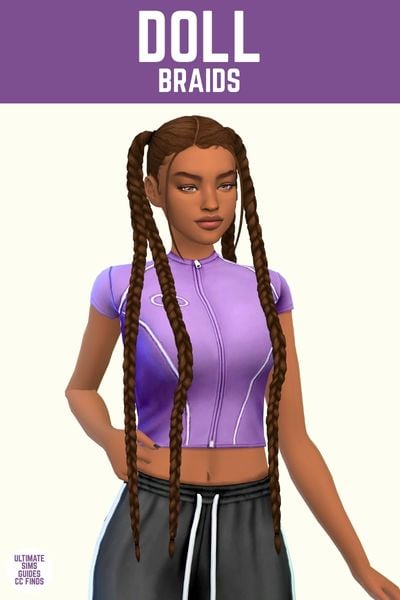 This image has a purple bar at the top with white text that says "Doll Braids" and below is a sim wearing a purple zip-up top and their hair is in pigtails that split into two braids each. 