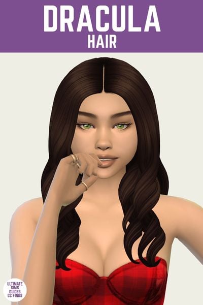 This is a product image for custom content from the IT Girl Collection. This image has a purple bar at the top with white text that says "Dracula Hair" and below is a sim with a middle part hairstyle wearing a strapless red plaid dress