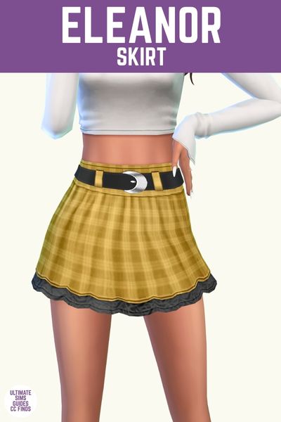 This is a product image for pieces from the supernova set. This image has a purple bar at the top with white text that says "Eleanor Skirt" and below is a sim posed from the waist down. The sim is wearing a long sleeve white shirt and a yellow plaid skirt with a lace trim.