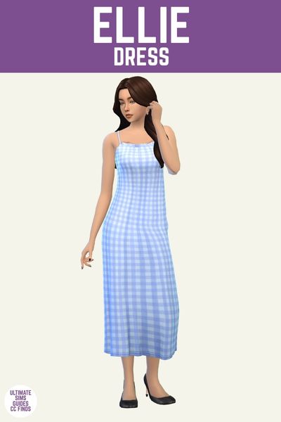 This is a product image for cc pieces from the laguna set. The image has a purple bar at the top with white text that reads "Ellie Dress" and below is a sim with brown hair who is wearing black heels and a blue gingham dress 