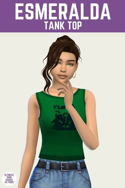 This is a product image for custom content from the IT Girl Collection. This image has a purple bar at the top with white text that says "Esmeralda Tank Top" and below is a sim. The sim has brown hair in an up-do and is wearing a green tank top with a graphic design on the chest.