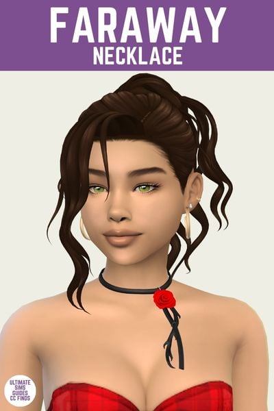 This is a product image for custom content from the IT Girl Collection. This image has a purple bar at the top with white text that says "Faraway Necklace" and below is a sim. The sim has brown hair in an up-do with a black necklace with a red rose.