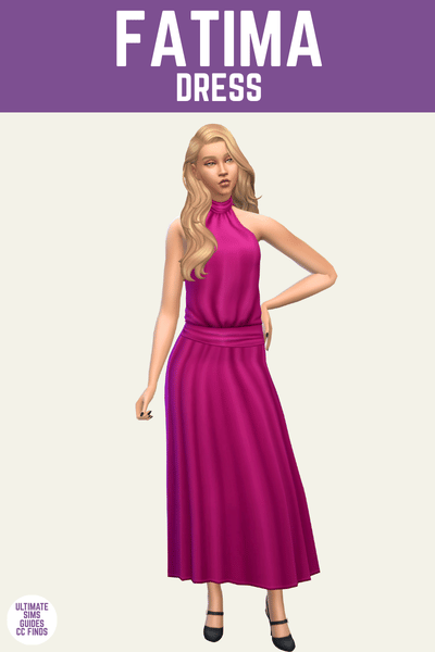 This is a product image for a cc item from The Élan Collection by Serenity. At the top is a purple bar with white text that says "Fatima Dress" and below is a blond sim posed in a midi dress. The dress is magenta and has a halter neckline. 