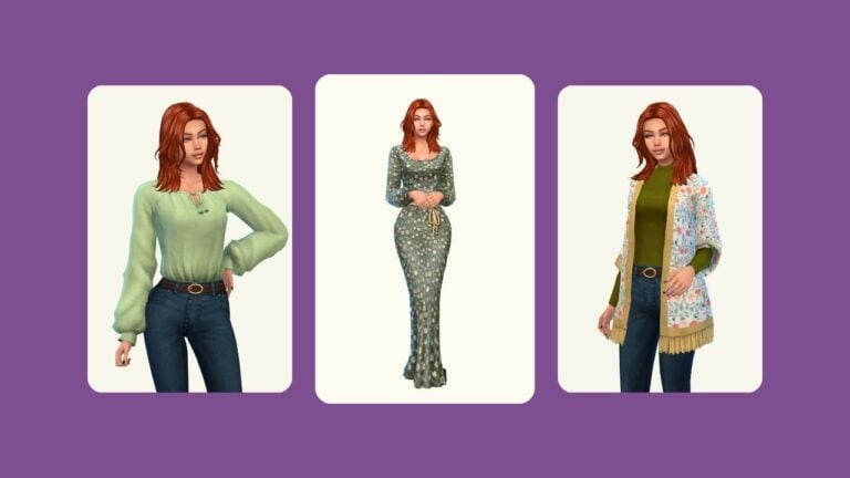 This image has a purple background with three rounded-edge rectangles. Inside of those rectangles is a sim with red hair posed in the middle in a dress and on the sides in jeans and a blouse