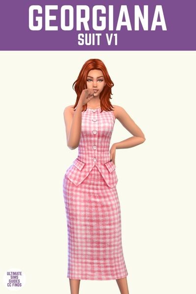 This image has a purple bar at the top with white text that says "Georgiana Suit V1" and below is a sim with shoulder length red hair wearing a top and pencil skirt in a pink gingham pattern 