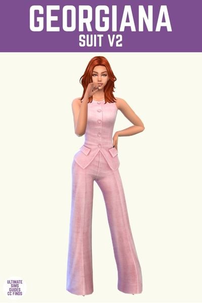 This image has a purple bar at the top with white text that says "Georgiana Suit V2" and below is a sim with red hair wearing a pink suit 